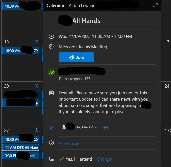 All hands meeting invite on Outlook Calander