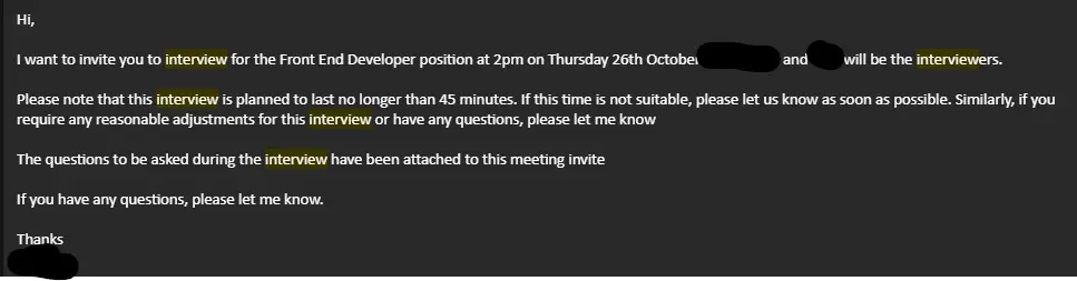 Invitation email where I was invited to an interview for the FE dev role